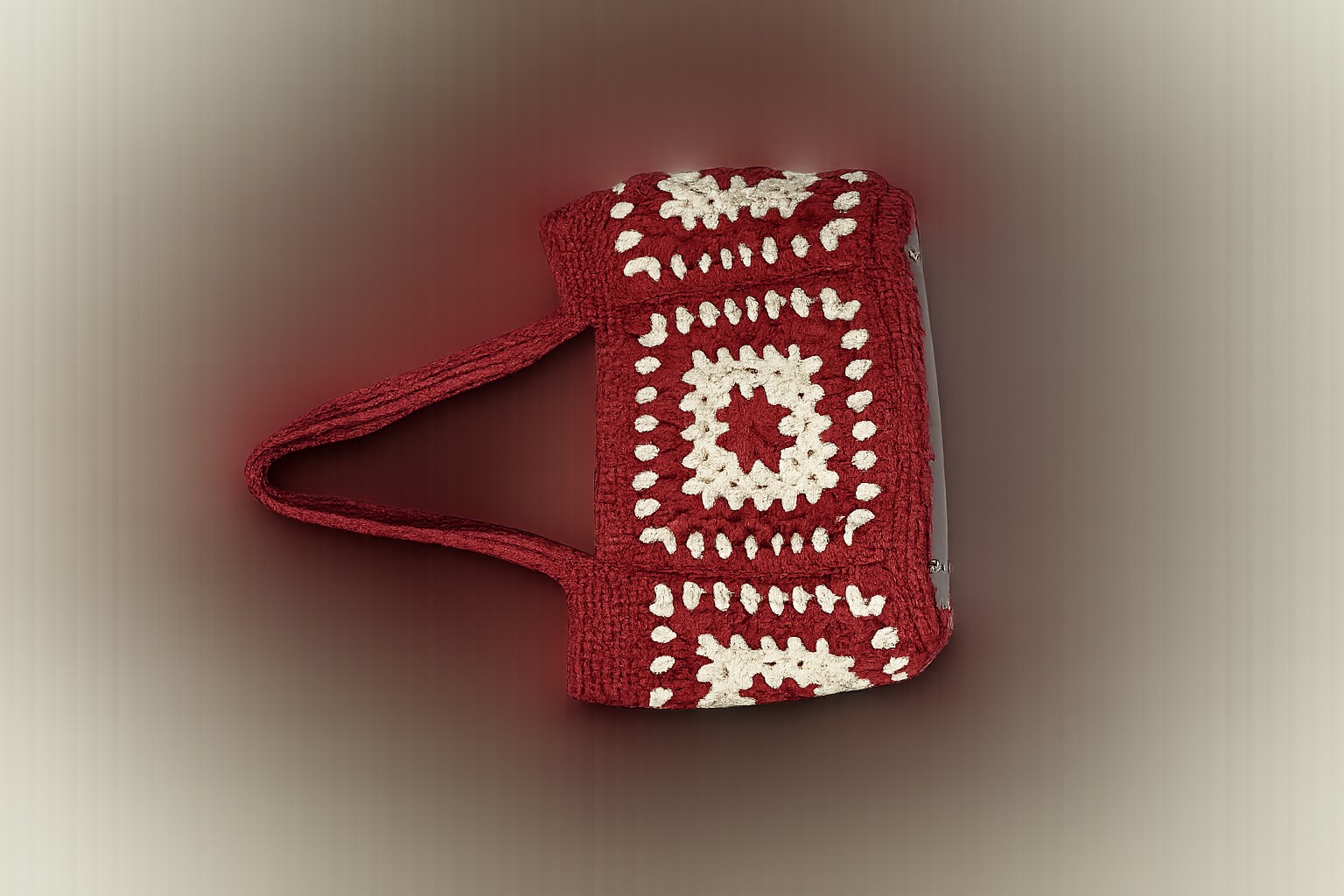 Burgundy & Beige Handmade Crochet Tote Bag with Leather Base
