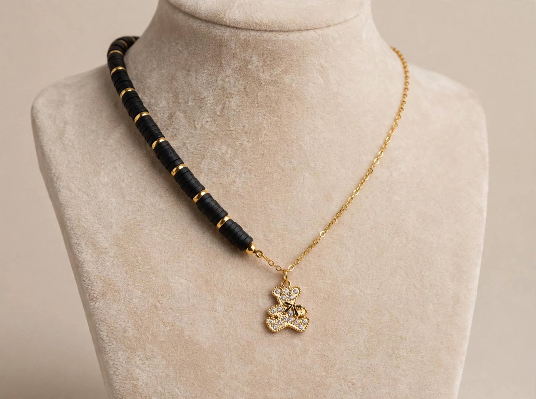Half Black Heishi & Gold Chain Teddy Bear Necklace