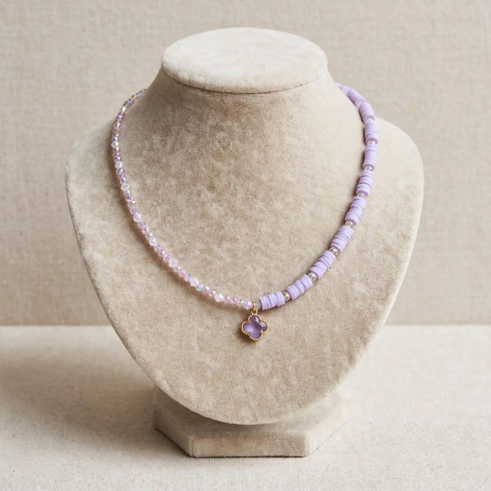 Half Lavender Heishi & Crystal Clover Necklace