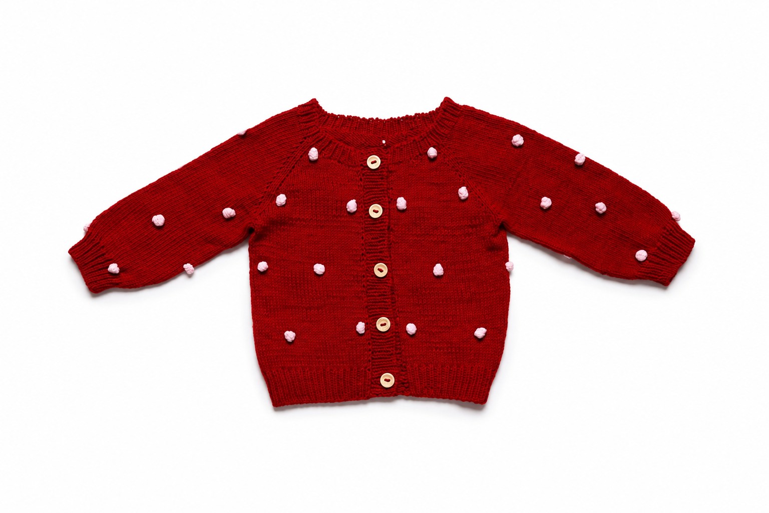 Red Hand-Knitted Eco-Cotton Polka Dot Baby Cardigan