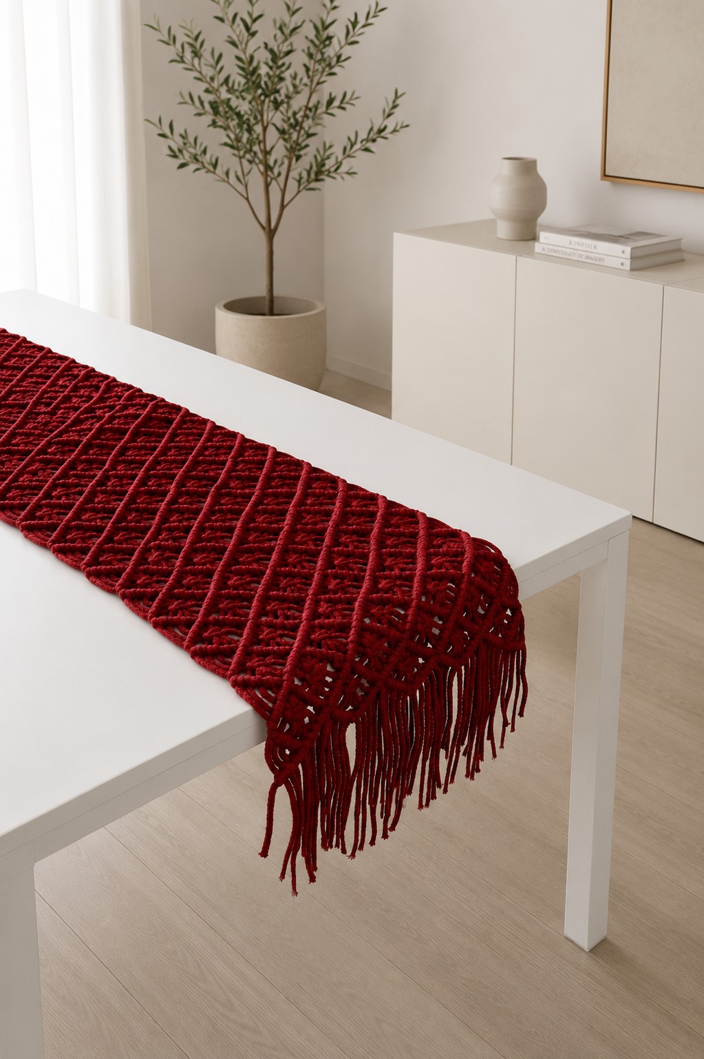 Handcrafted Crimson Macrame Table Runner – Modern Boho Dinin