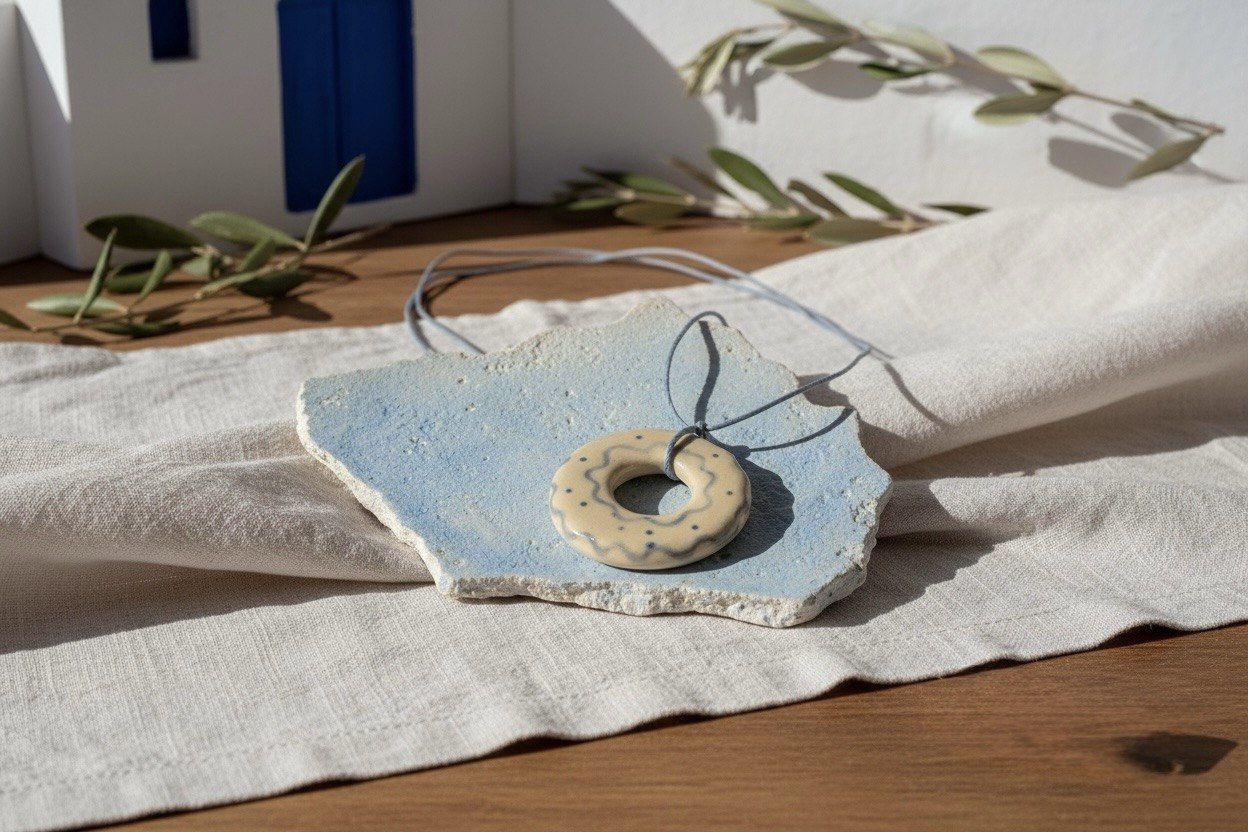 Handcrafted Beige & Blue Ceramic Donut Pendant Necklace