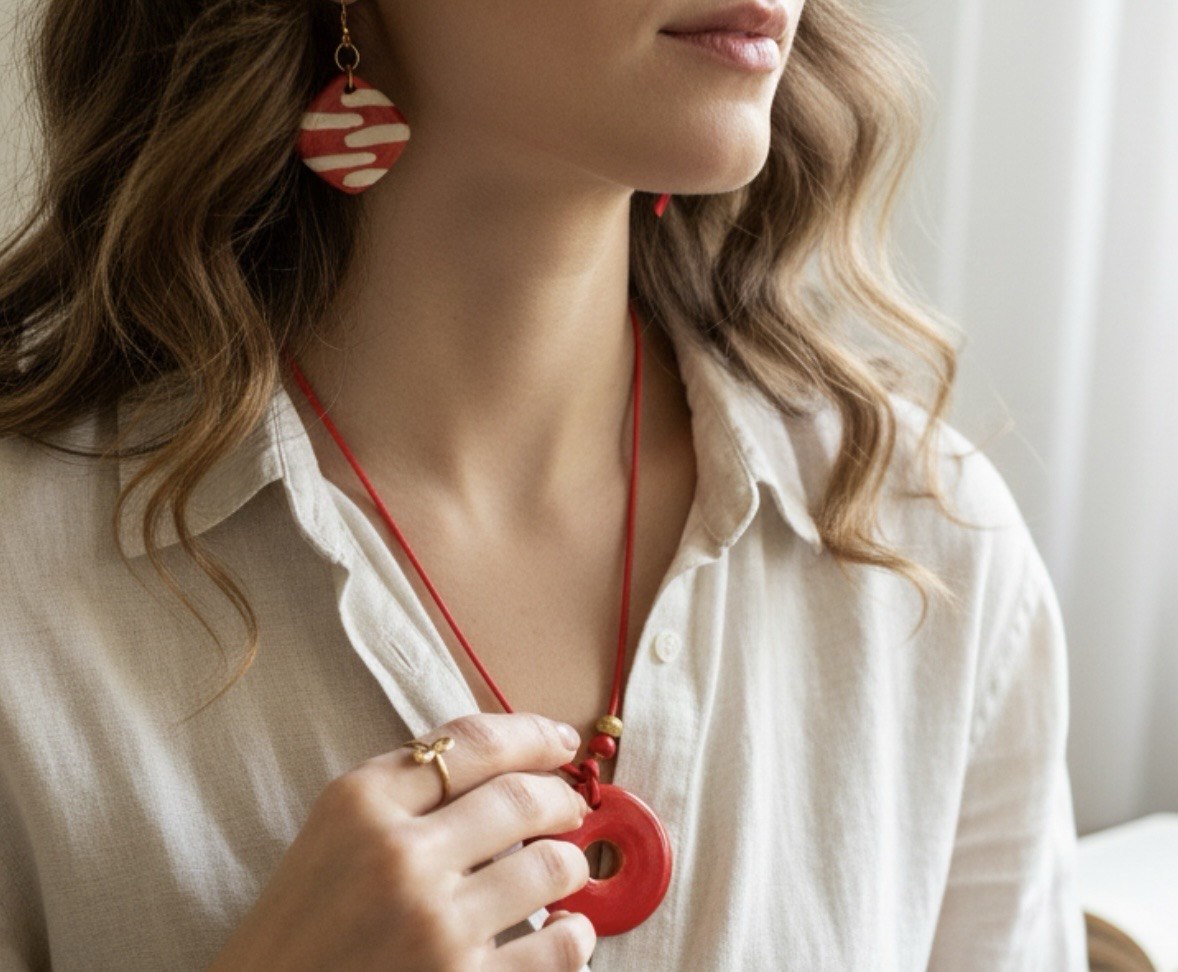 Handcrafted Red Ceramic Peace Buckle Pendant Necklace
