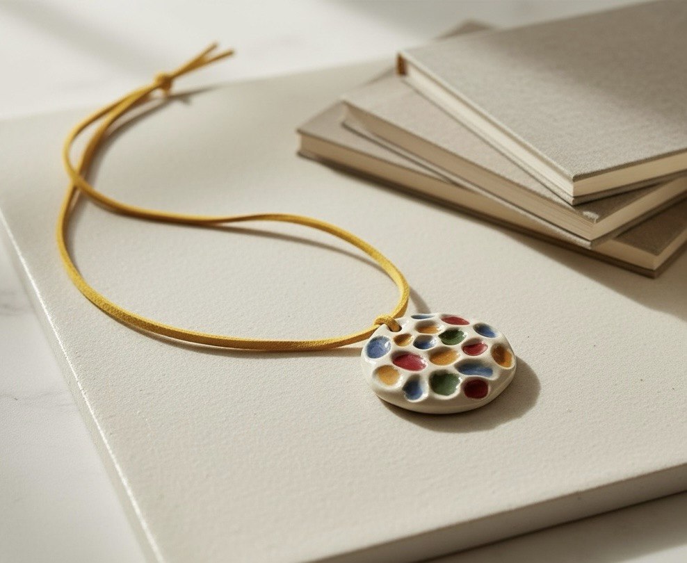 Handcrafted White Ceramic Pendant Necklace with Colorful Indents