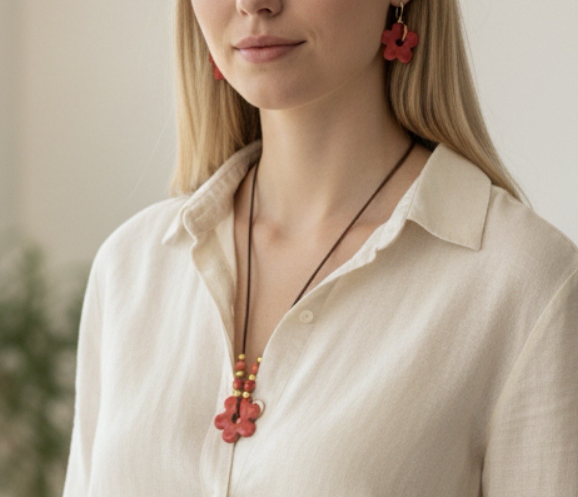 Handcrafted Red Clay Flower Pendant Necklace