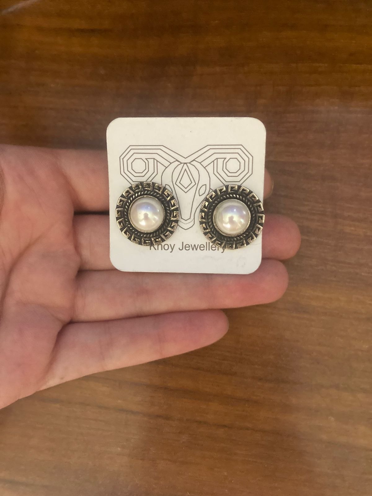 Handcrafted Greek Key & Pearl Silver Stud Earrings