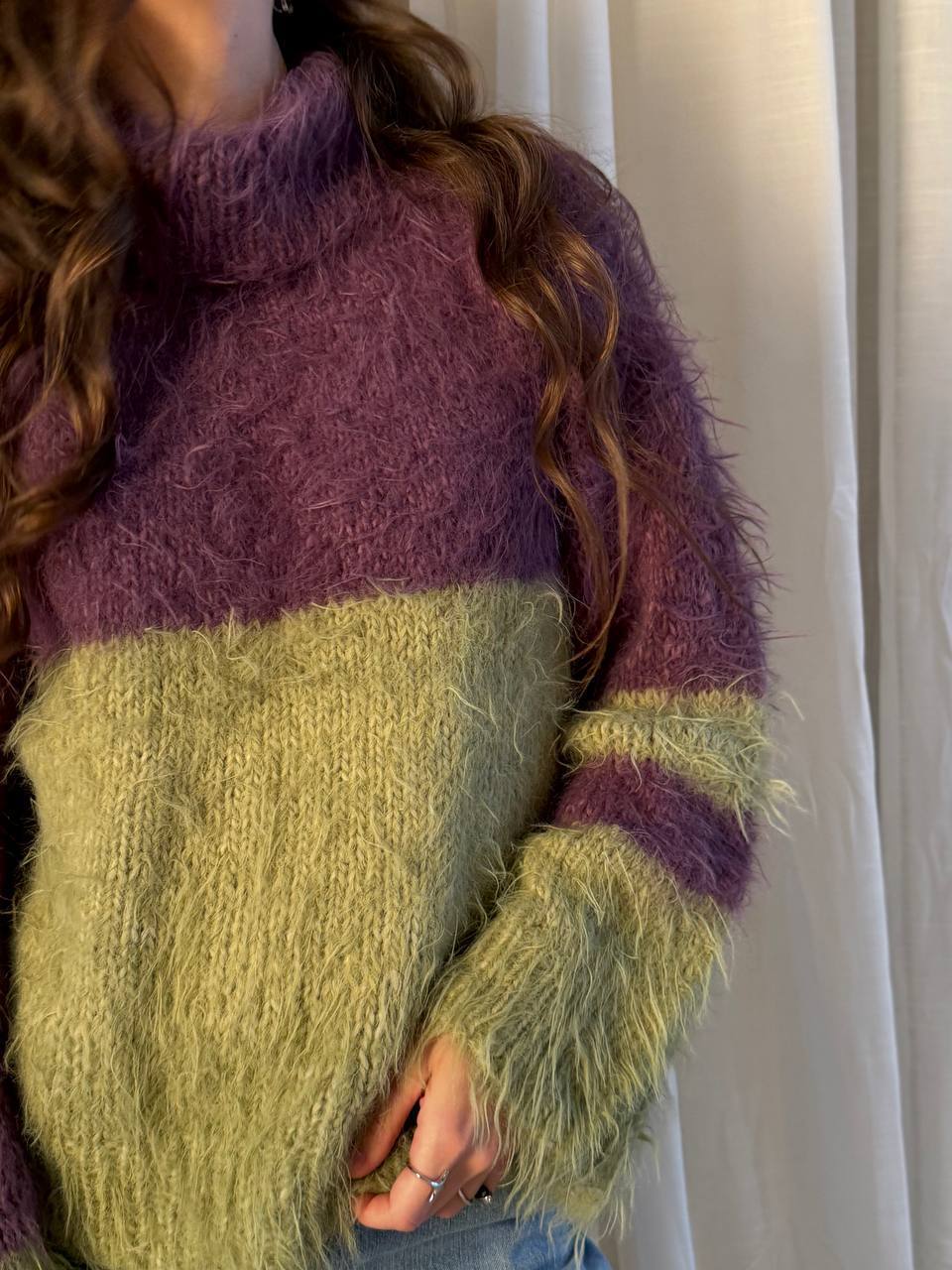Fuzzy Color-Blocked Knit Sweater 2