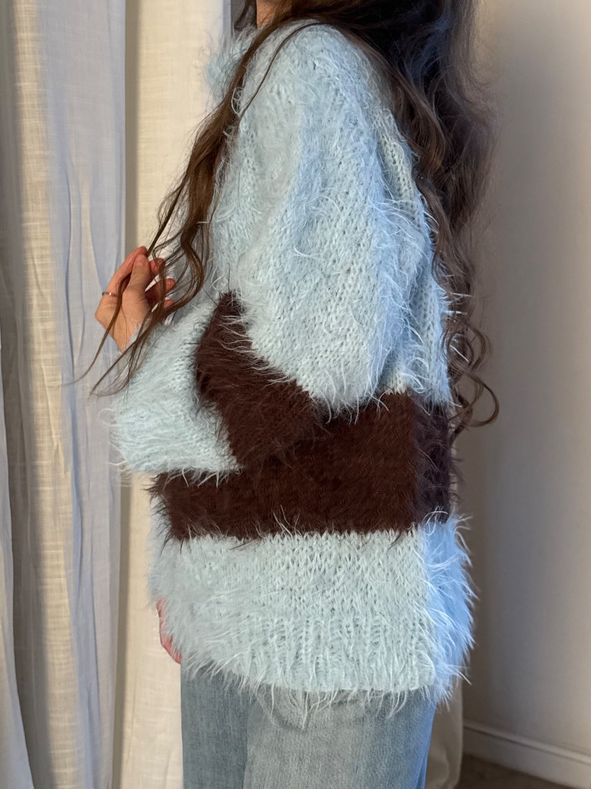 Fuzzy Color-Blocked Knit Sweater