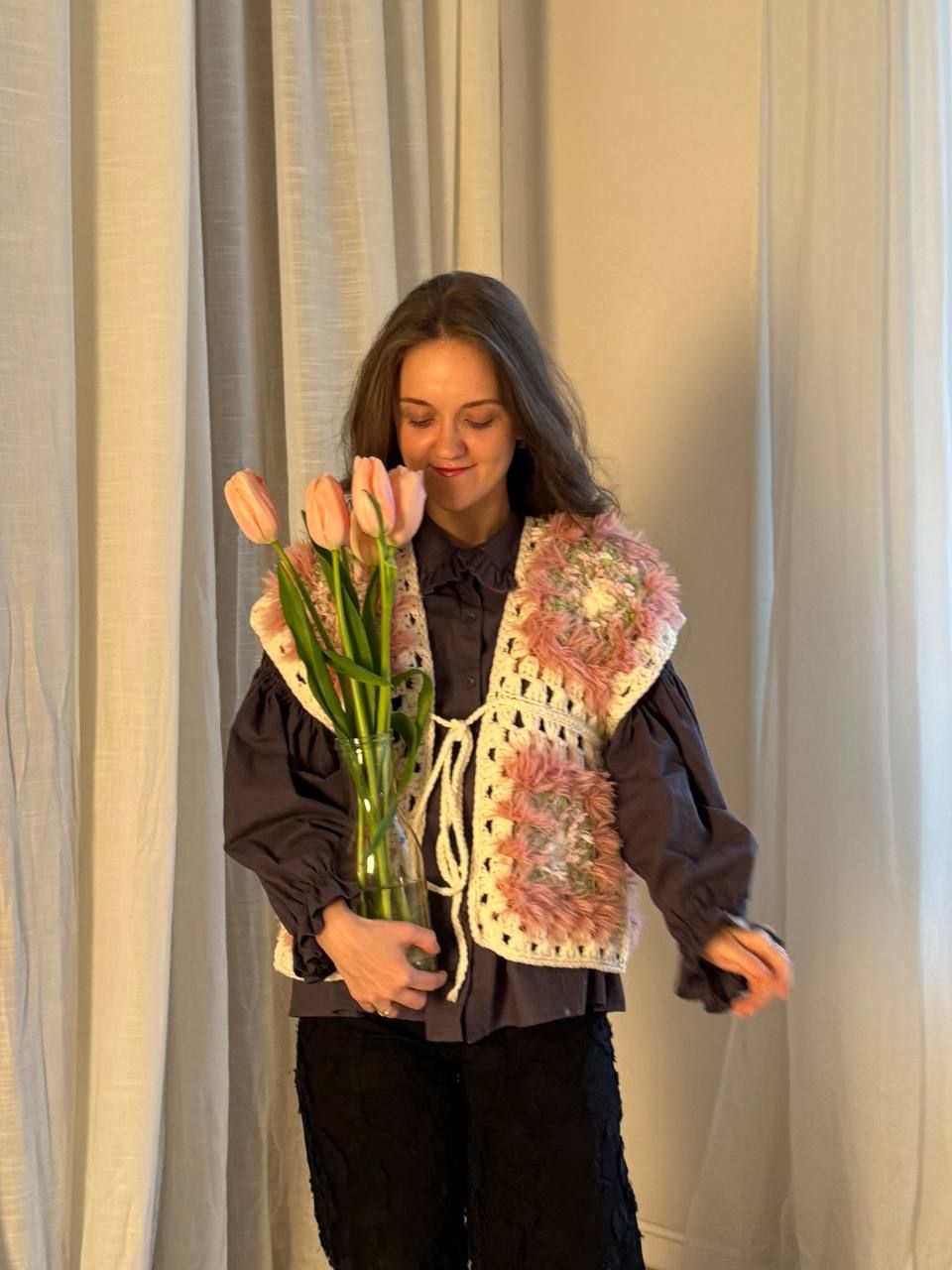 Fluffy Pink Furry Granny Square Crochet Vest