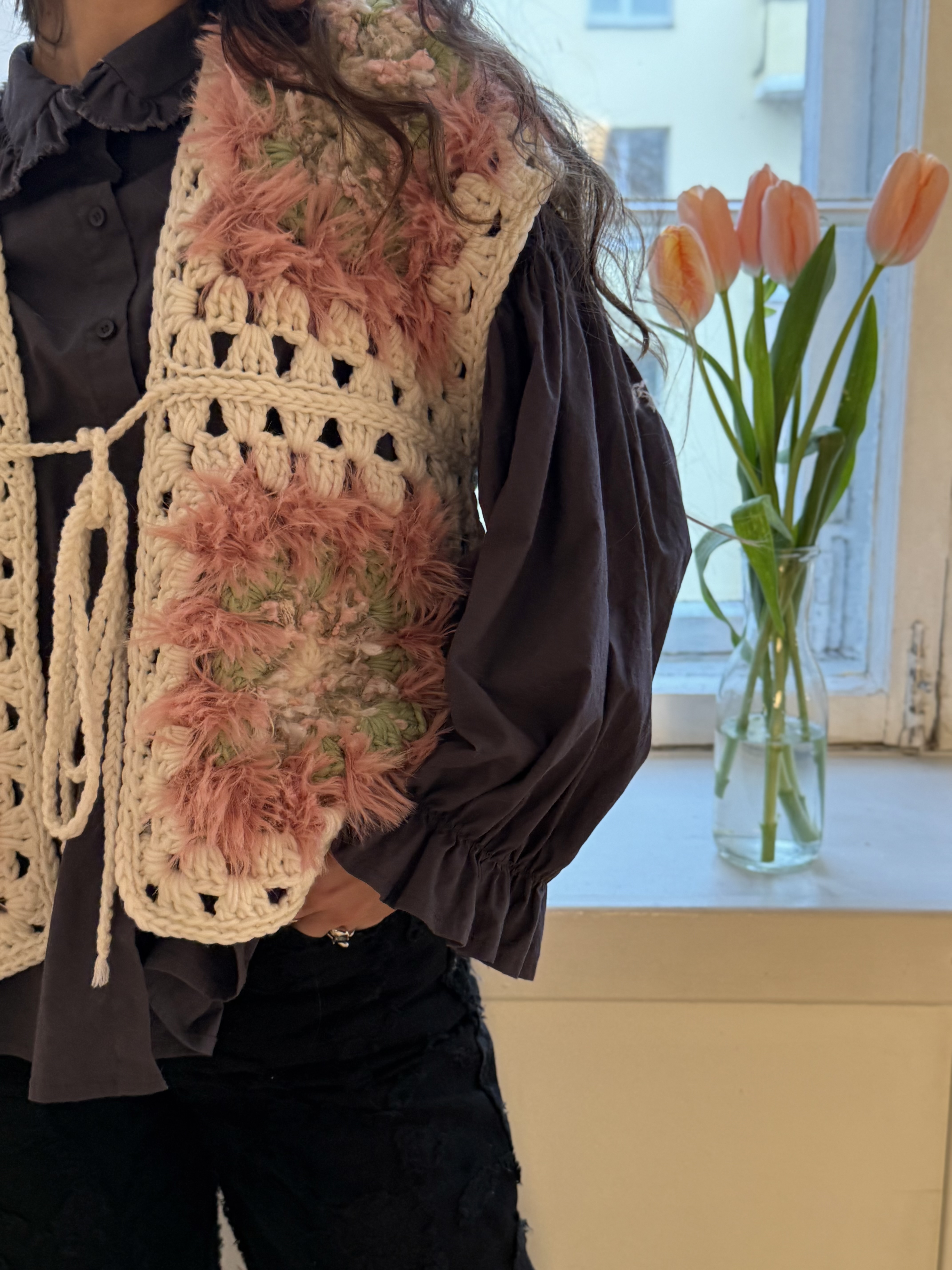 Fluffy Pink Furry Granny Square Crochet Vest 3