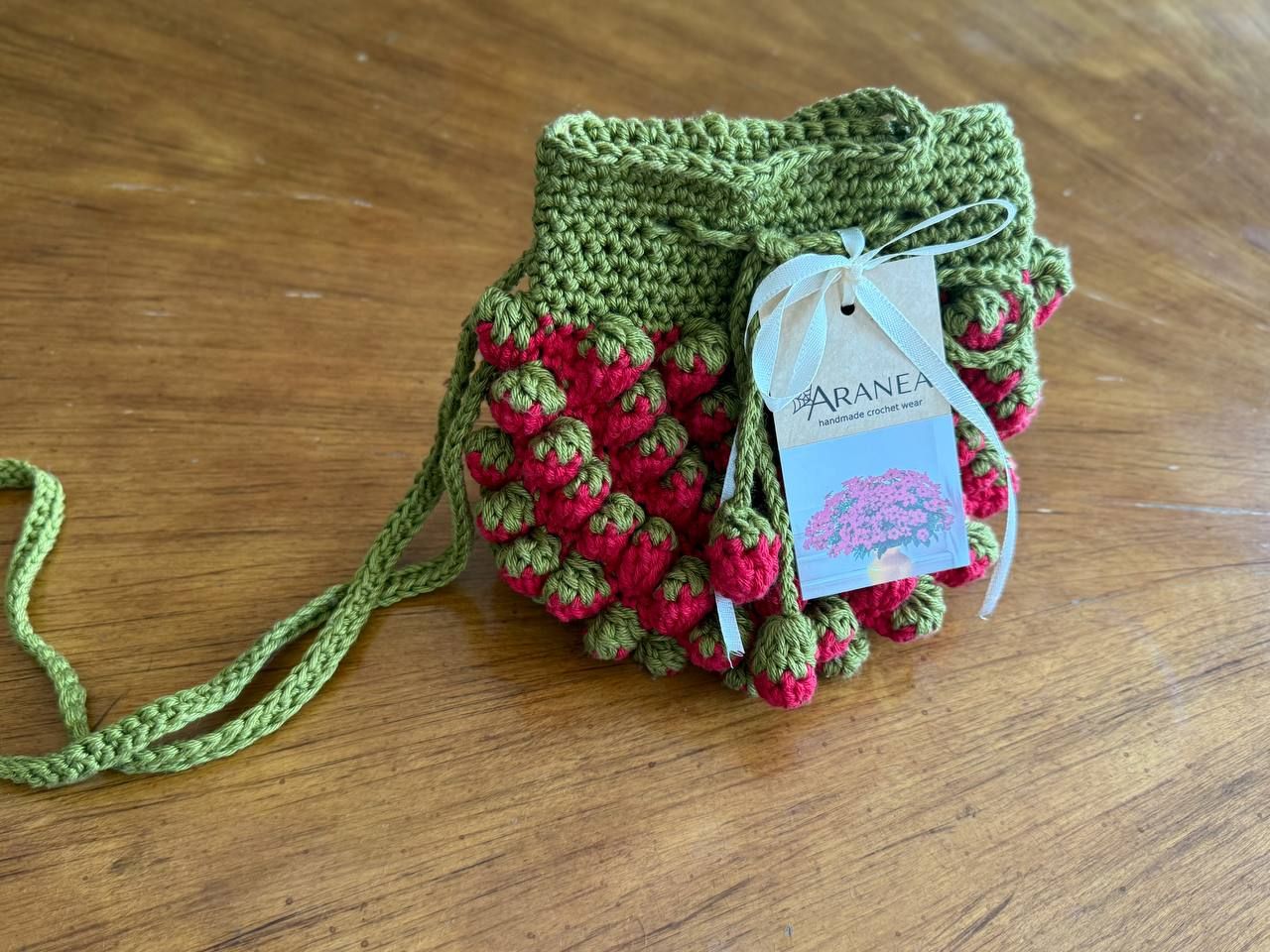 Textured Strawberry Stitch Crochet Drawstring Bag