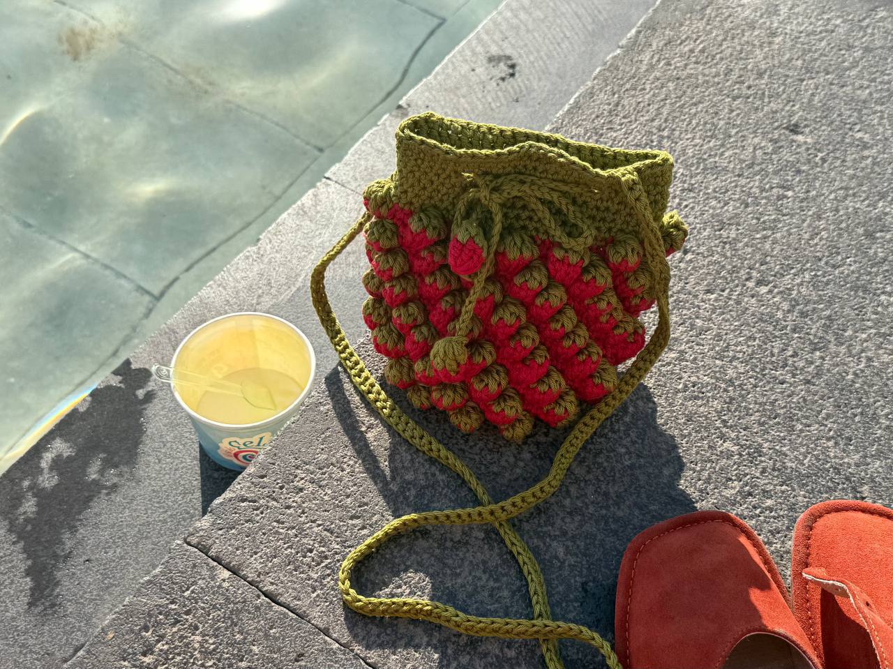 Textured Strawberry Stitch Crochet Drawstring Bag
