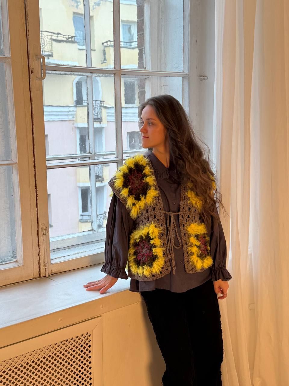 Floral Granny Square Crochet Tie-Front Vest