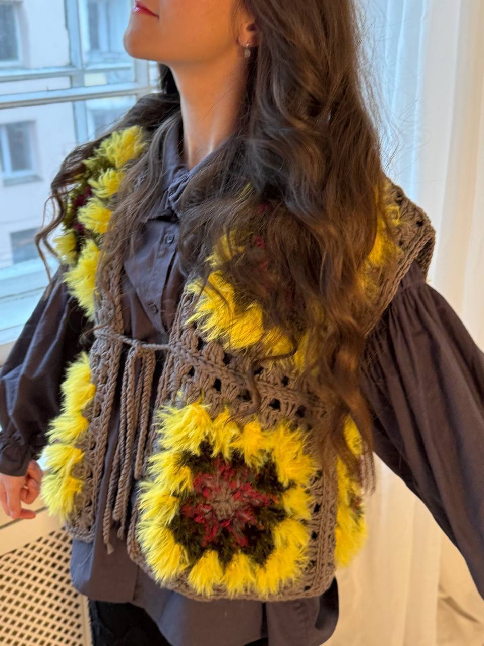Floral Granny Square Crochet Tie-Front Vest 2