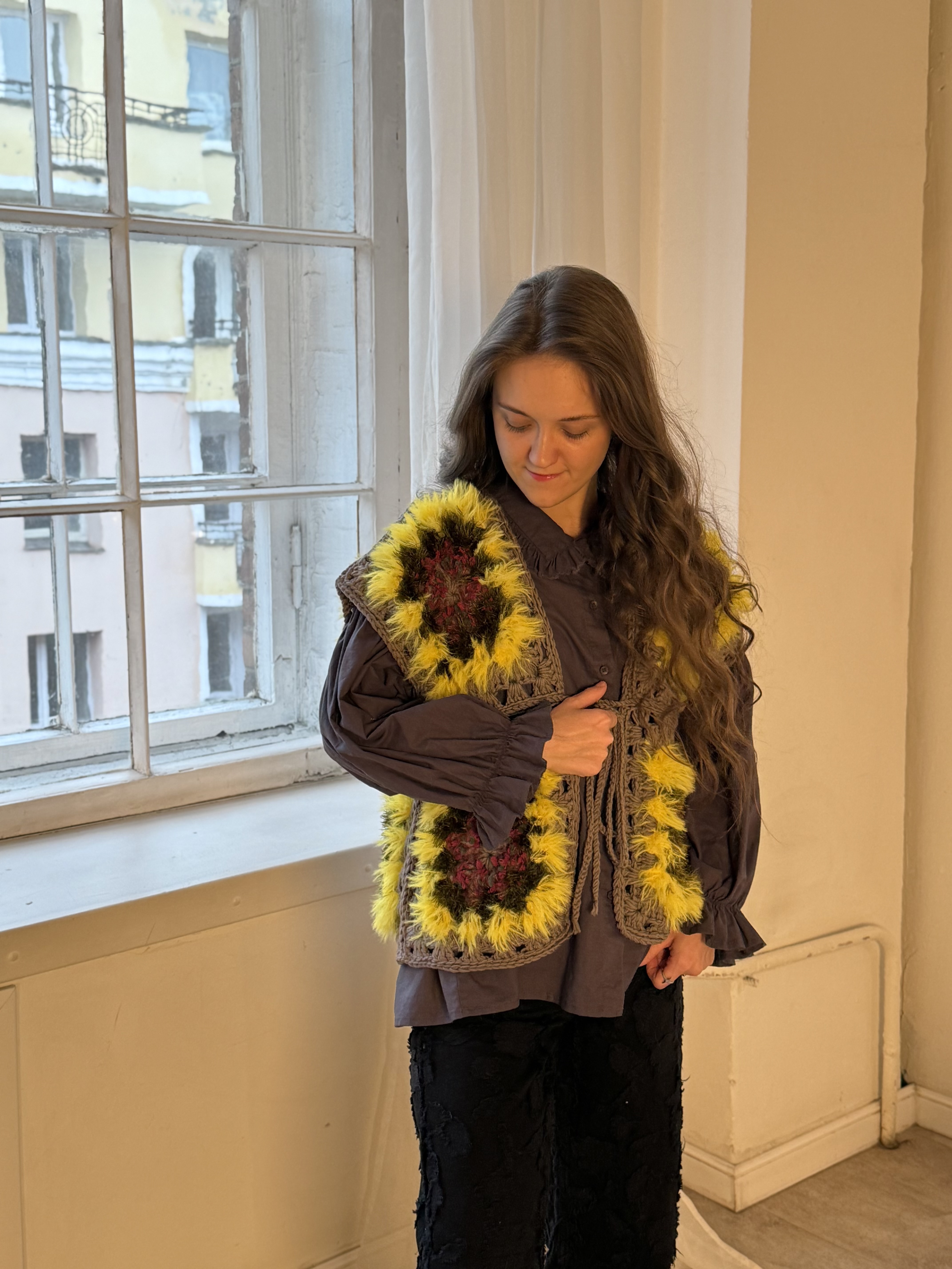 Floral Granny Square Crochet Tie-Front Vest 6
