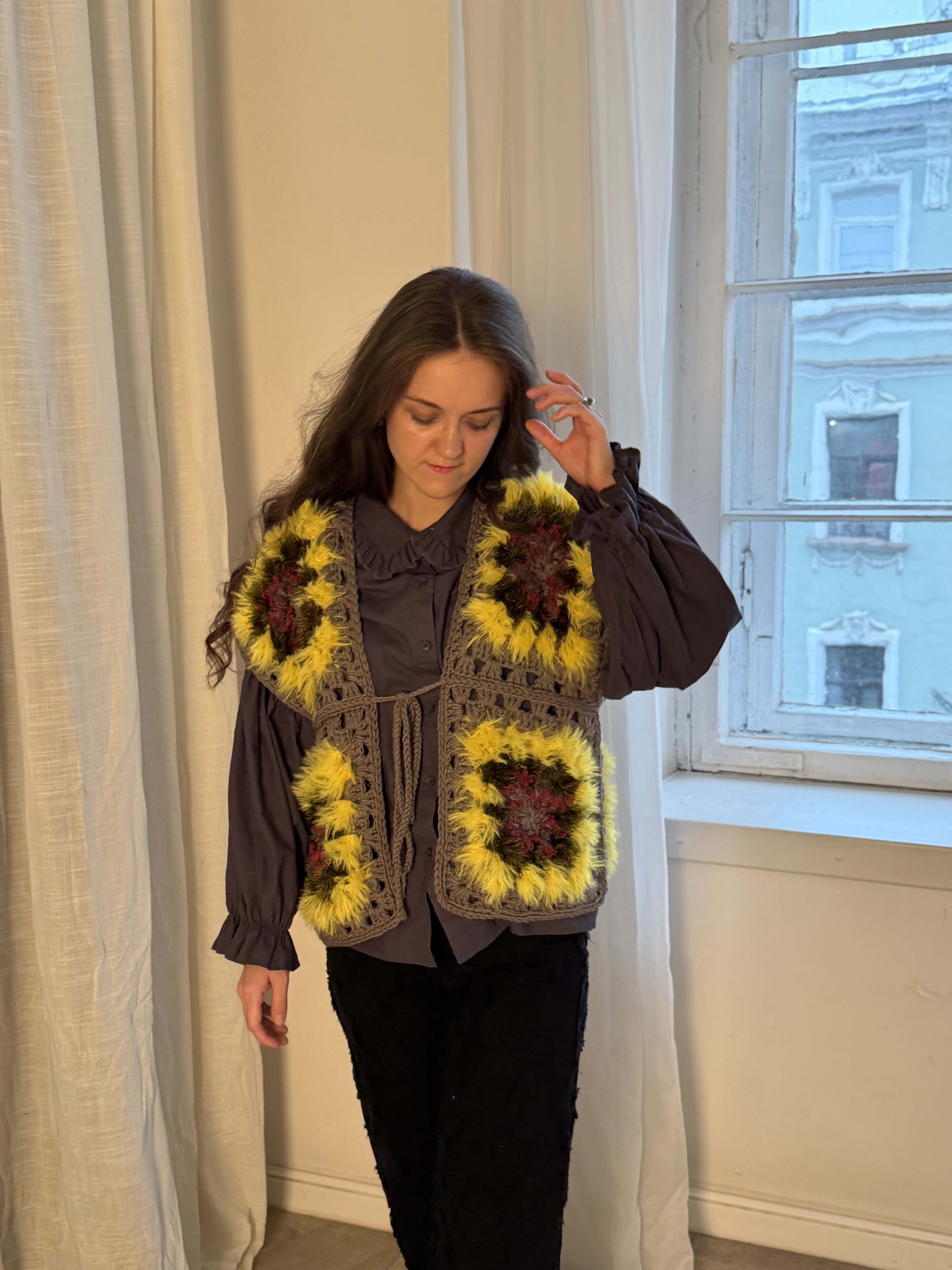 Floral Granny Square Crochet Tie-Front Vest 5