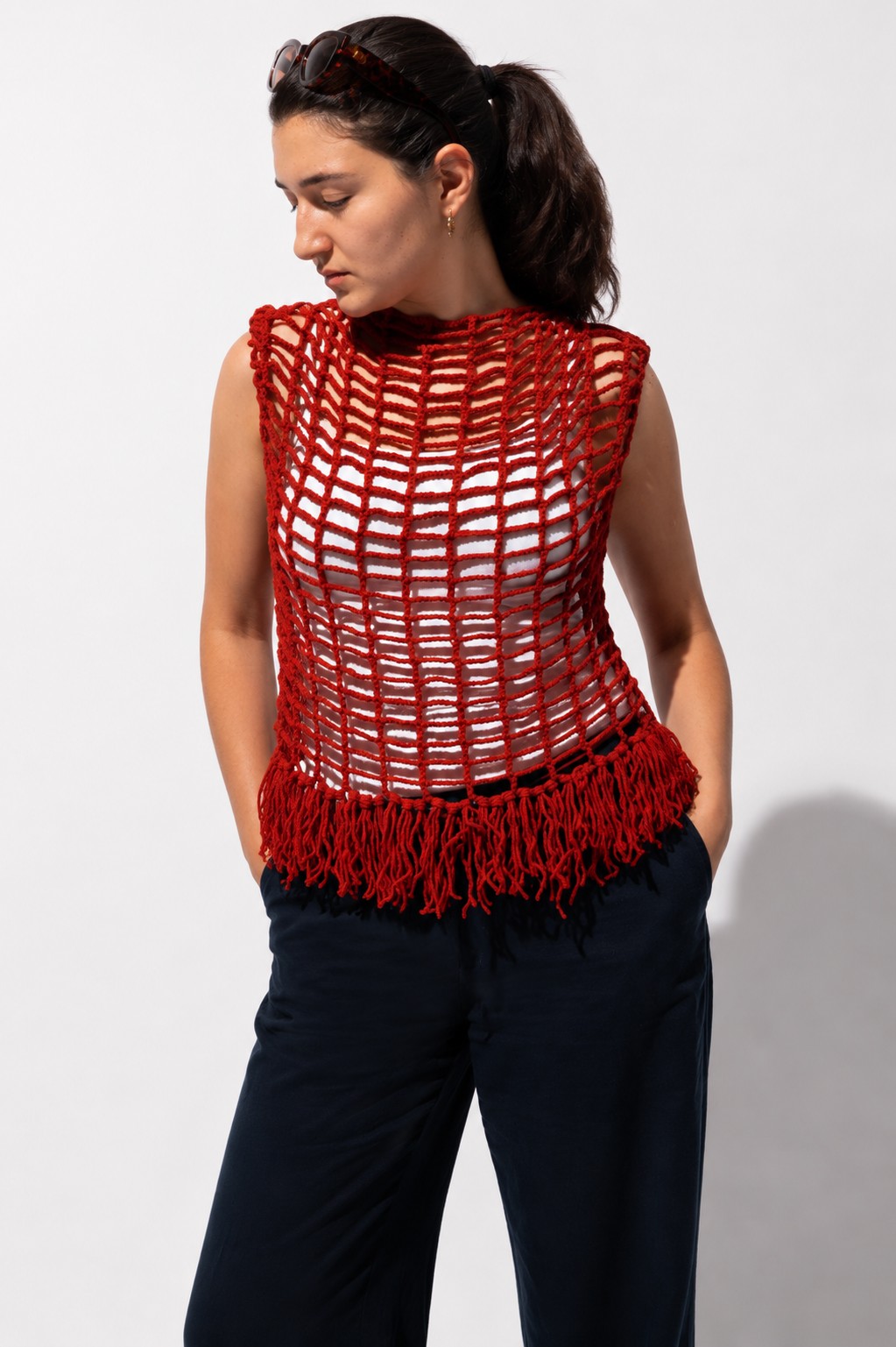 Serel Terracotta Mesh Fringe Vest - Handcrafted Cotton