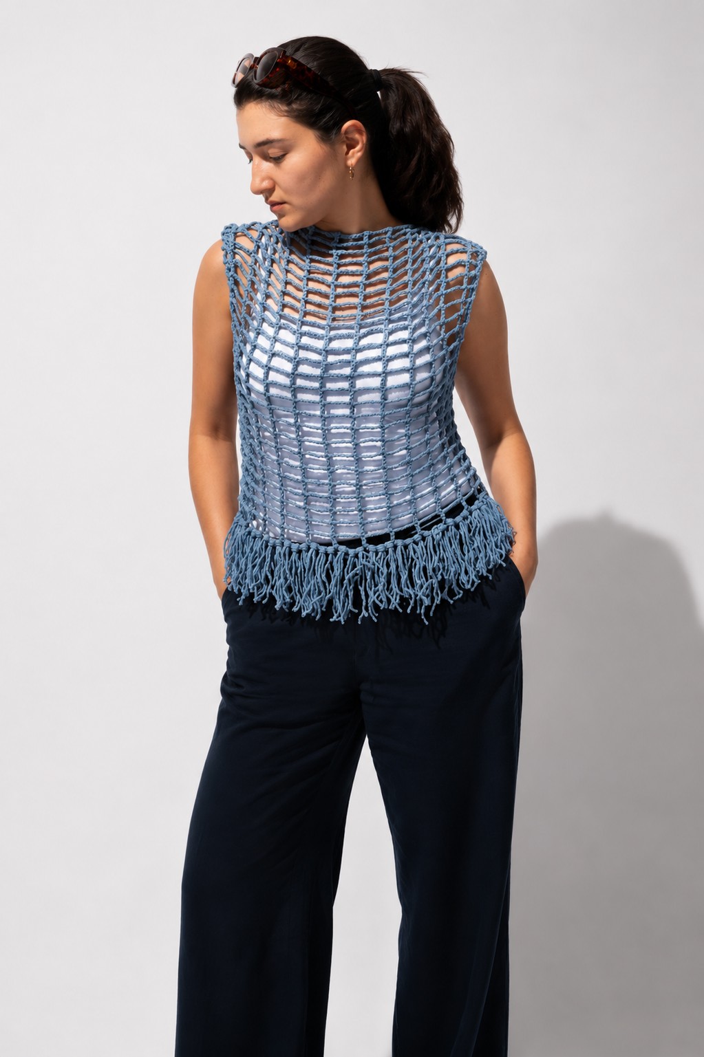 Blue Mesh Fringe Vest - Handcrafted Knitwear