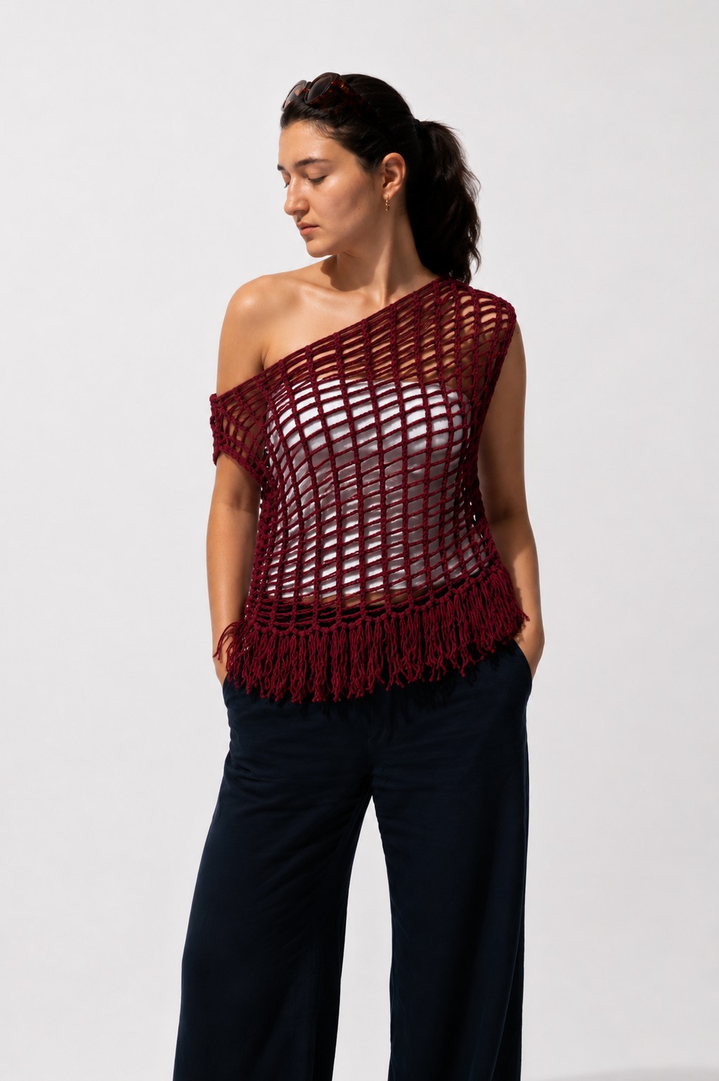Burgundy Mesh Fringe Shoulder Down Vest | Handcrafted Cotton